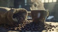 An AI generated illustration of rustic coffee mug steaming beside burlap sack spilling coffee beans Royalty Free Stock Photo
