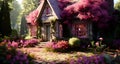 AI generated illustration of a rustic cottage surrounded by a vibrant array of colorful blossoms Royalty Free Stock Photo