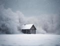 an old log cabin in the snow with smoke coming out Royalty Free Stock Photo