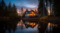 AI generated illustration of a rustic wooden cabin at the edge of a tranquil lake at sunset Royalty Free Stock Photo