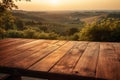 AI generated illustration of a rustic wooden table against an open grassy field