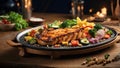 a wooden table with a black plate of food and candles