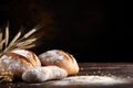 AI generated illustration of a rustic wooden table with a fresh-baked selection of breads and wheat