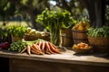 AI generated illustration of A rustic wooden table with a variety of fresh  vegetable baskets Royalty Free Stock Photo