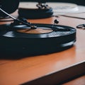 AI generated illustration of a rustic wooden table with a vintage radio and record player Royalty Free Stock Photo