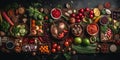 AI generated illustration of a wooden tabletop with an array of colorful fruits and vegetables Royalty Free Stock Photo