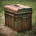 AI generated illustration of a rusty, army-green ammunition box in a field