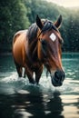 AI generated illustration of s beautiful brown horse standing in the shallows of a tranquil river