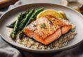 salmon, asparagus and lemon slices on a plate