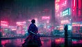 AI generated illustration of a samurai in neo-Tokyo with neon lights