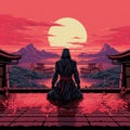 AI generated illustration of a samurai sitting against traditional Asian buildings at sunset