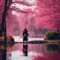 samurai looking out over a pond at pink trees in blossom