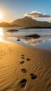 AI generated illustration of a sandy beach with human footprints in the golden sand on a sunny day Royalty Free Stock Photo