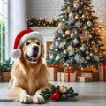 AI generated illustration of a Santa dog sitting close to a festive Christmas tree Royalty Free Stock Photo