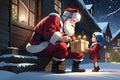 AI generated illustration of a Santa gives a gift to a small child, anime style illustration