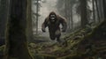 AI generated illustration of a sasquatch, also known as bigfoot, is running through forest