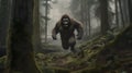 AI generated illustration of a sasquatch, also known as bigfoot, is running through forest Royalty Free Stock Photo