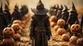 AI generated illustration of a scarecrow surrounded by intricately carved pumpkins