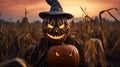 AI generated illustration of a scarecrow with two pumpkin Jack-o'-Lanterns Royalty Free Stock Photo