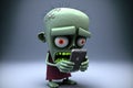 AI-generated illustration of the scared human-like zombie looking at the smartphon