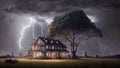 AI generated illustration of a scary haunted house with the lightning in the background Royalty Free Stock Photo
