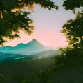 AI generated illustration of a scenic aerial view of a lush forested mountain range Royalty Free Stock Photo