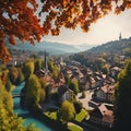 AI-generated illustration of a scenic European town with lush greenery. Bern, Switzerland