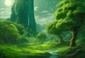 AI generated illustration of a scenic green landscape with mountains, trees, and full moon Royalty Free Stock Photo