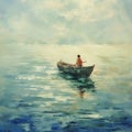 AI generated illustration of a scenic image of a person in a traditional wooden rowboat