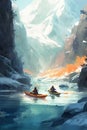 AI generated illustration of a scenic kayaking journey in a river, with beautiful mountains Royalty Free Stock Photo