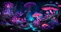 A scenic landscape of a crystal clear river with a wide variety of colorful mushrooms