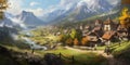 AI generated illustration of a scenic landscape featuring a stunning view of a mountain range Royalty Free Stock Photo