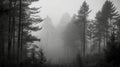 AI generated illustration of a scenic landscape featuring a vast array of tall trees in a thick fog