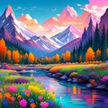 AI generated illustration of a scenic mountain landscape with vibrant flowers and flowing river Royalty Free Stock Photo