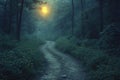 AI generated illustration of A scenic nighttime view of a tranquil trail.