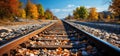 AI generated illustration of a scenic outdoor view of a train track near autumn trees