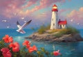 AI generated illustration of a scenic painting of a lighthouse on an island with blooming flowers