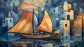 AI generated illustration of a scenic painting of a sailboat gliding across a tranquil river