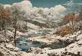 AI generated illustration of a scenic panoramic winter view of a mountainous landscape