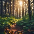 AI generated illustration of a scenic pathway leads through a lush forest filled with ferns Royalty Free Stock Photo