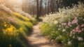 AI-generated illustration of a scenic pathway lined with colorful flowers