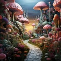 an area with various types of flowers and mushrooms and a pathway