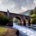 AI generated illustration of a scenic stone bridge crossing a tranquil river surrounded by mountains