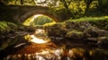AI generated illustration of a scenic stone bridge spanning a tranquil stream in a lush park setting