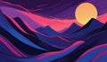 AI generated illustration of a scenic sunset over mountains with moon in the background Royalty Free Stock Photo