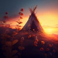 AI generated illustration of a scenic sunset with a traditional teepee structure in the foreground