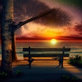 AI generated illustration of a scenic view of a beach with a bench overlooking the sun and sea Royalty Free Stock Photo