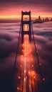 AI generated illustration of A scenic view of a bridge covered in fog