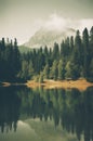 AI generated illustration of A scenic view featuring a distant mountain range covered in pine trees Royalty Free Stock Photo