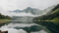 AI generated illustration of a lake situated against snow-capped mountains beneath a cloudy sky